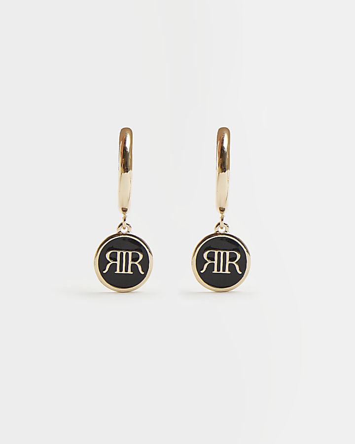 Gold RI monogram enameled drop earrings