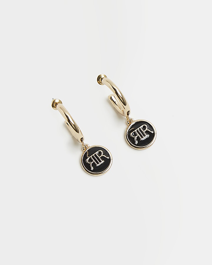 Gold RI monogram enameled drop earrings