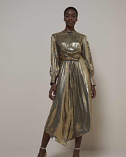 Gold RI Studio Twist Front Midi Dress