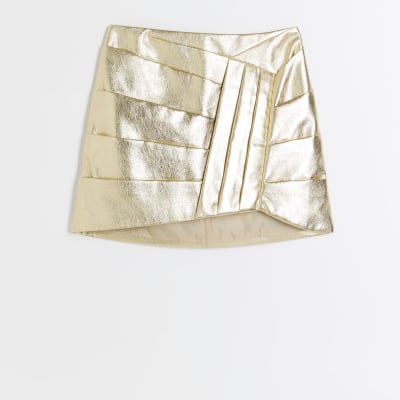 Gold ruched mini skirt | River Island