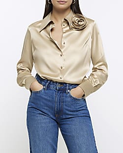 Gold satin corsage detail shirt
