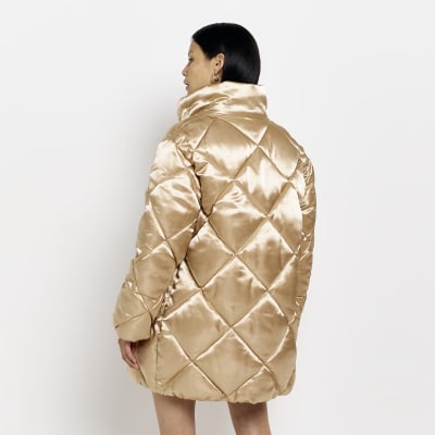 Gold satin quilted puffer coat River Island