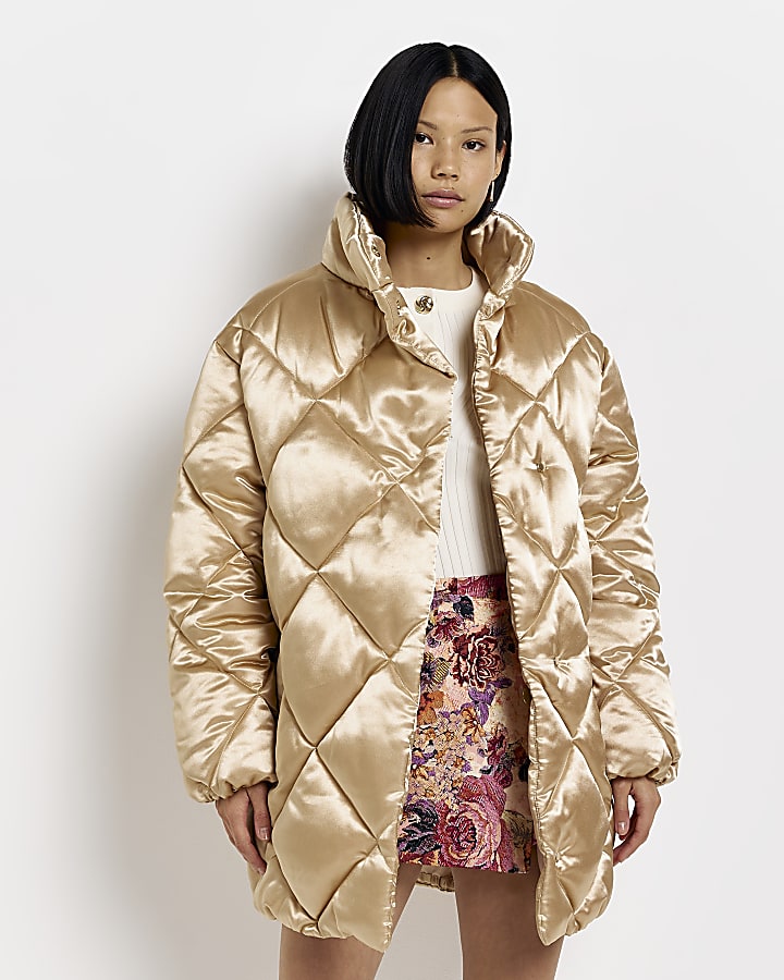 Gold satin quilted puffer coat | River Island