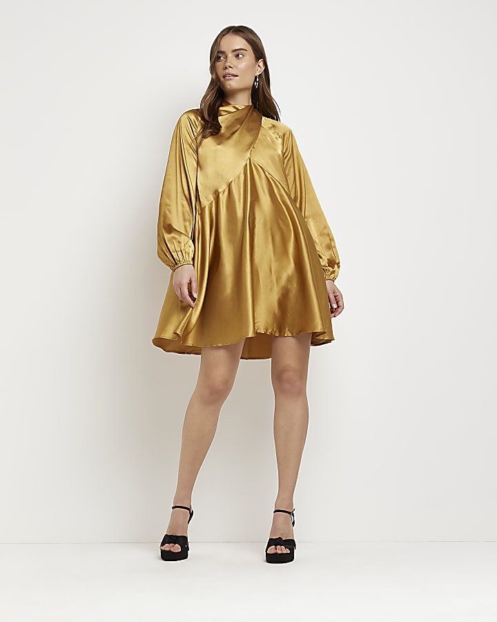 Gold satin wrap swing mini dress