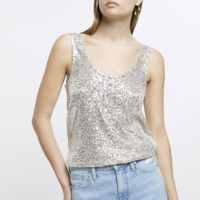 Gold scoop sequin tank top River Island