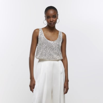 Gold Scoop Sequin tank top | River Island