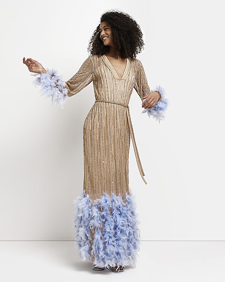 Gold sequin and feather shift maxi dress