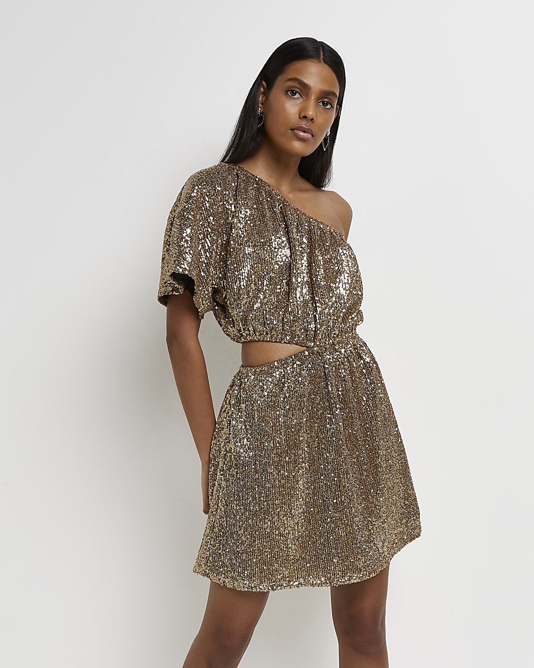riverisland.com | Gold Sequin Asymmetric Mini Dress