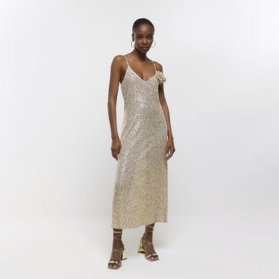 Gold sequin corsage slip midi dress