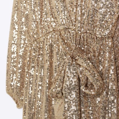 Gold sequin long sleeve wrap dress | River Island