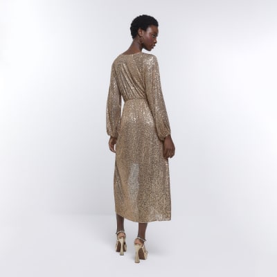 Long sleeve gold wrap dress hotsell