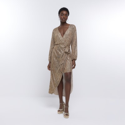 Long sequin best sale wrap dress