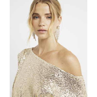 Gold sequin off shoulder top River Island