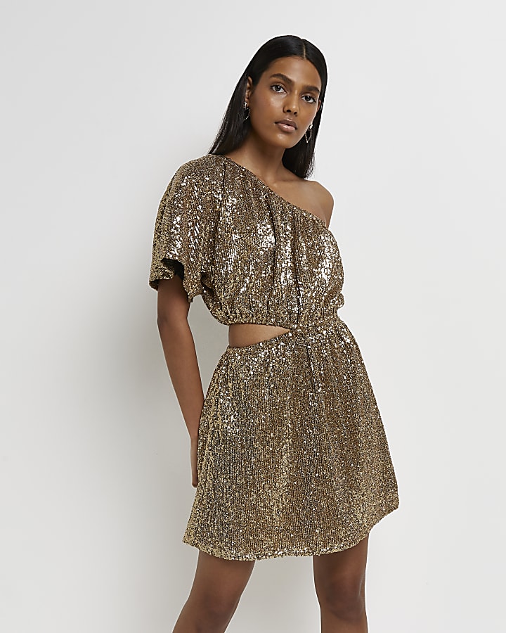 Gold sequin one shoulder mini dress ...