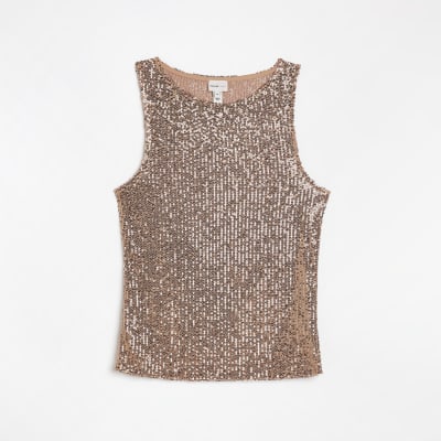 Gold Sequin Sleeveless Top River Island