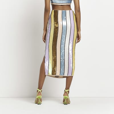 Gold Sequin Stripe Midi Skirt River Island 