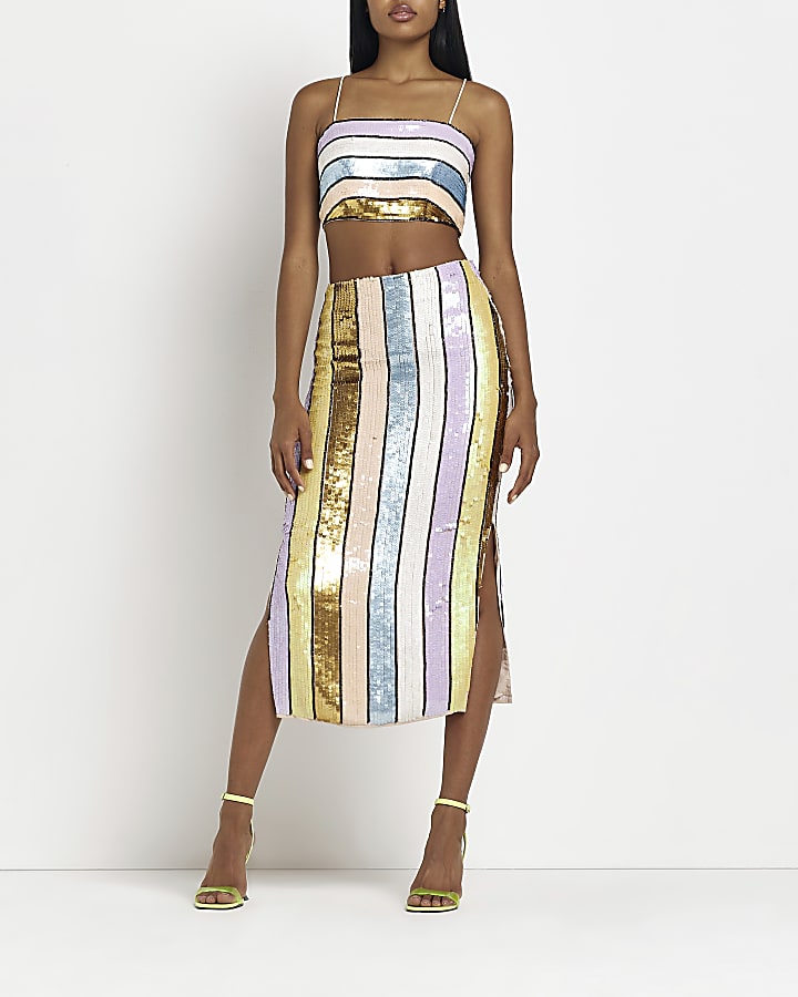 Gold sequin stripe midi skirt