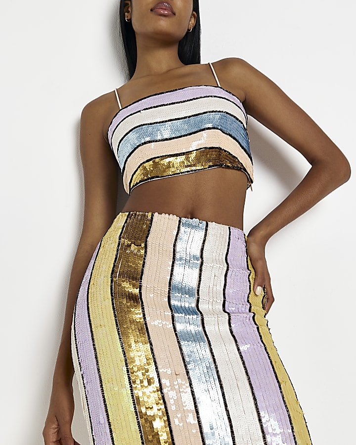 Gold sequin stripe midi skirt