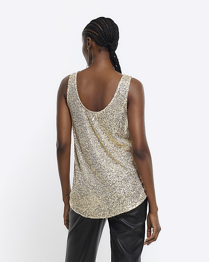 Gold sequin tank top | River Island