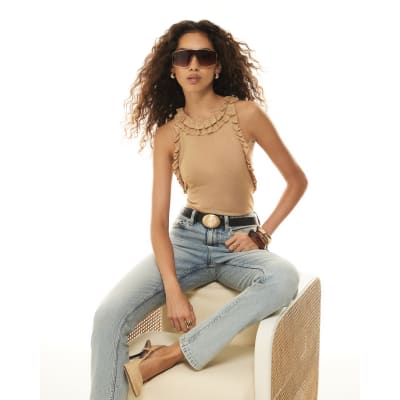 Gold Sheer Knit Frill Trim Halter Top