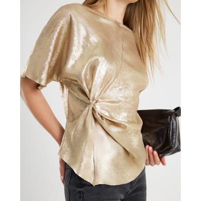 Gold Short Sleeve Knot Front Top