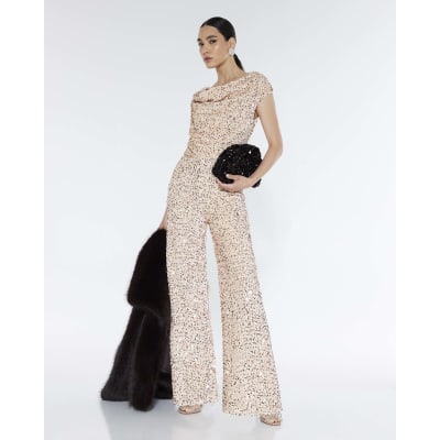 Gold Sleeveless Sequin Cowl Neck Jumpsuit