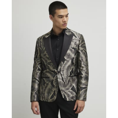 Gold Slim Fit Palm Jaquard Evening Tux Jacket
