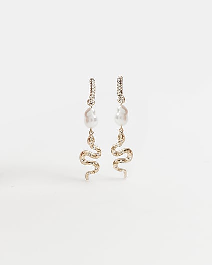 Gold snake drop hoop earrings