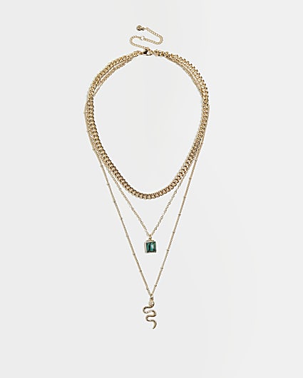 Gold snake pendant multirow necklace