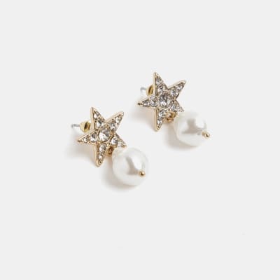 Gold star pearl drop earrings River Island
