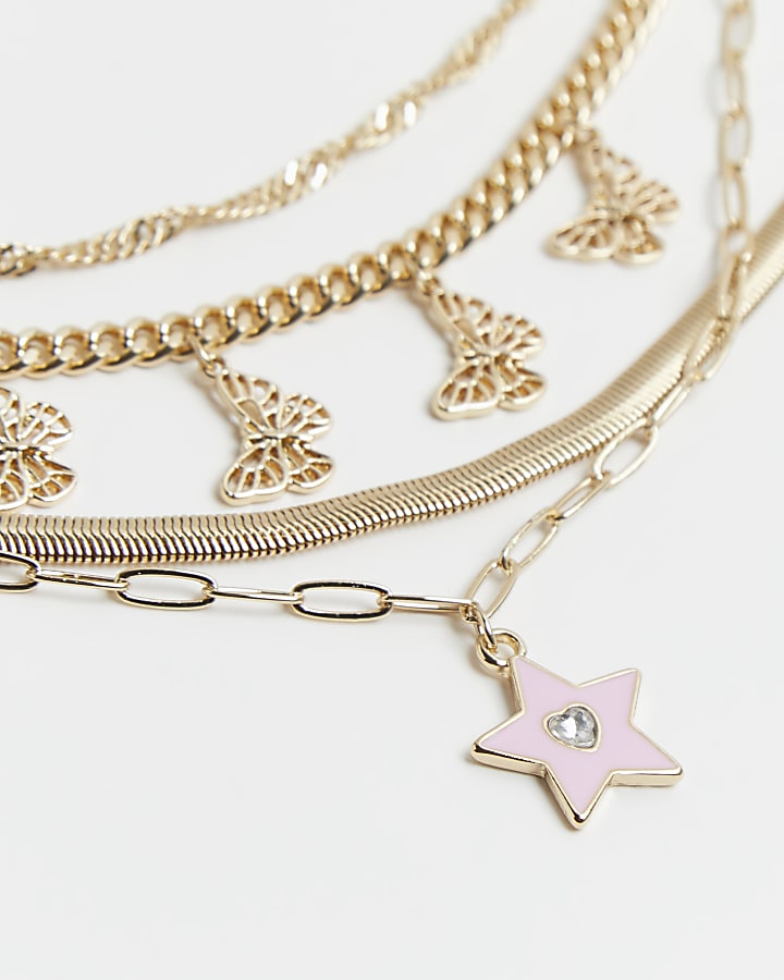 Gold star pendant multirow necklace