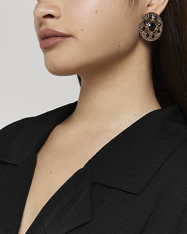 Gold stone embellished stud earrings
