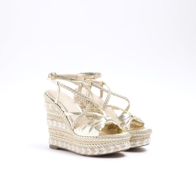 Gold strappy espadrille wedge sandals River Island