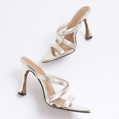 Gold strappy flare heeled mule sandals River Island