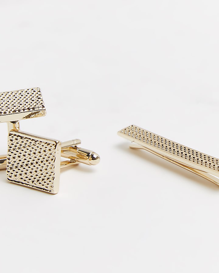 Gold textured cufflinks and tie pin set