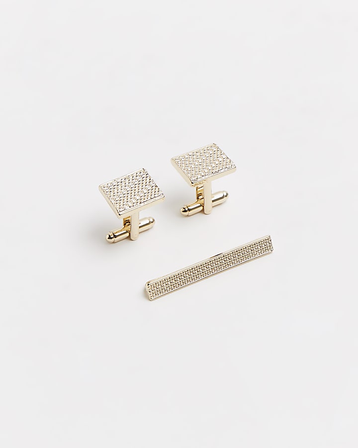 Gold textured cufflinks and tie pin set