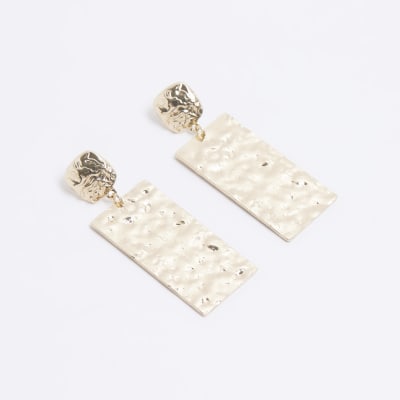 Gold Textured Tag Drop Earrings River Island