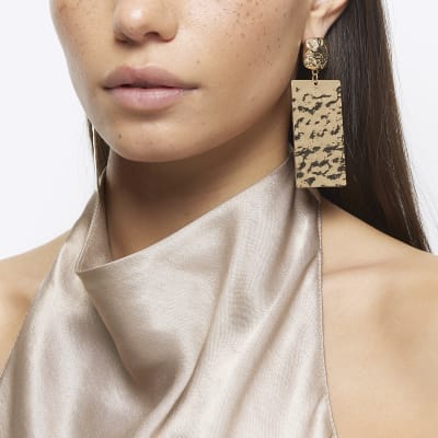 Gold Textured Tag Drop Earrings River Island