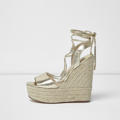 Gold tie up espadrille platform wedges