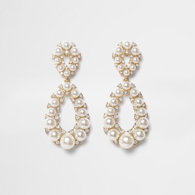 Gold tone faux pearl teardrop earrings