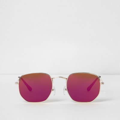 Gold tone hexagon red lens sunglasses