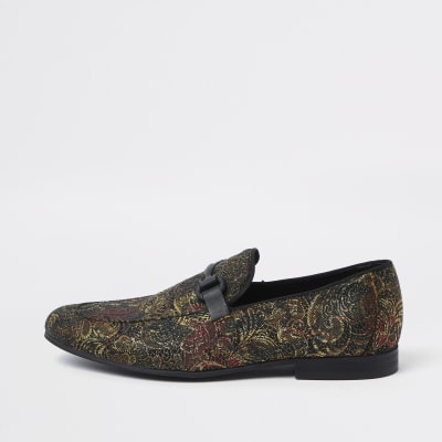 Gold tone jacquard snaffle loafers