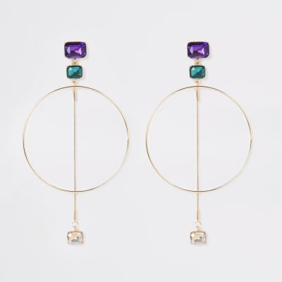 Gold tone jewel hoop drop earrings