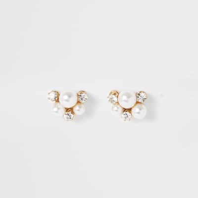 Gold tone pearl and diamante stud earrings | River Island