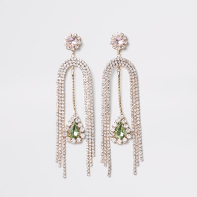 Gold tone split gem stone drop earrings
