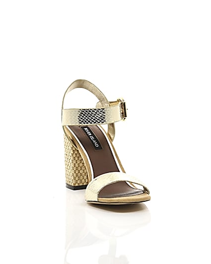 360 degree animation of product Gold two part block heel sandals frame-5