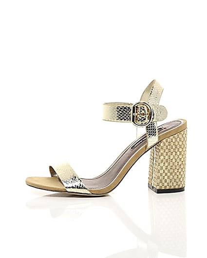 360 degree animation of product Gold two part block heel sandals frame-22