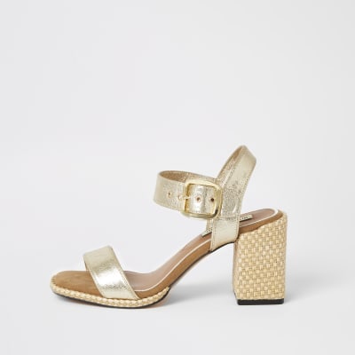 Gold two part block heel sandals 