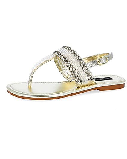 360 degree animation of product Gold wide fit bead toe thong sandals frame-2