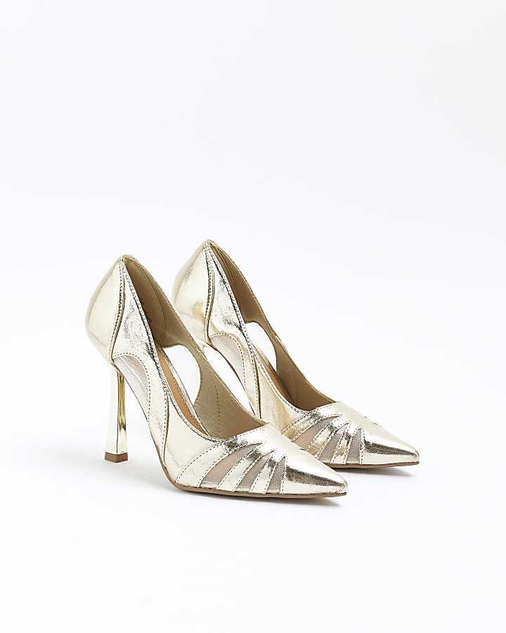 Gold wide fit cut out heeled court shoes